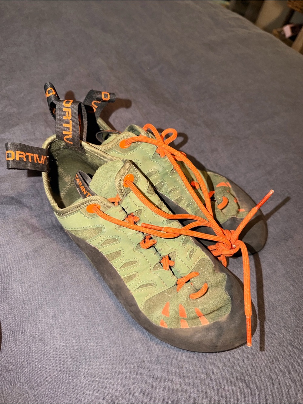 La Sportiva Olive Green and Orange Climbing Shoes
